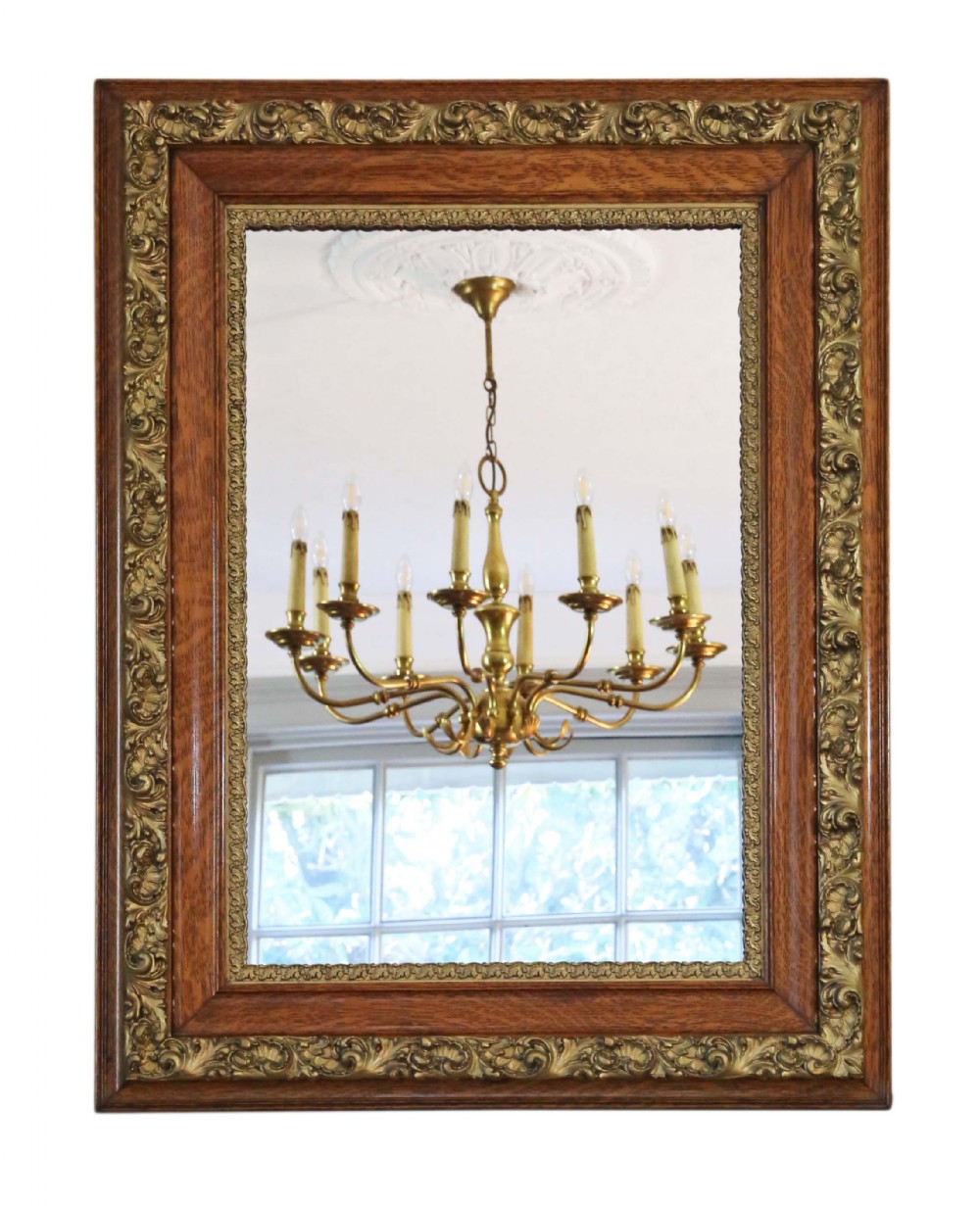 Large oak and gilt overmantle wall mirror