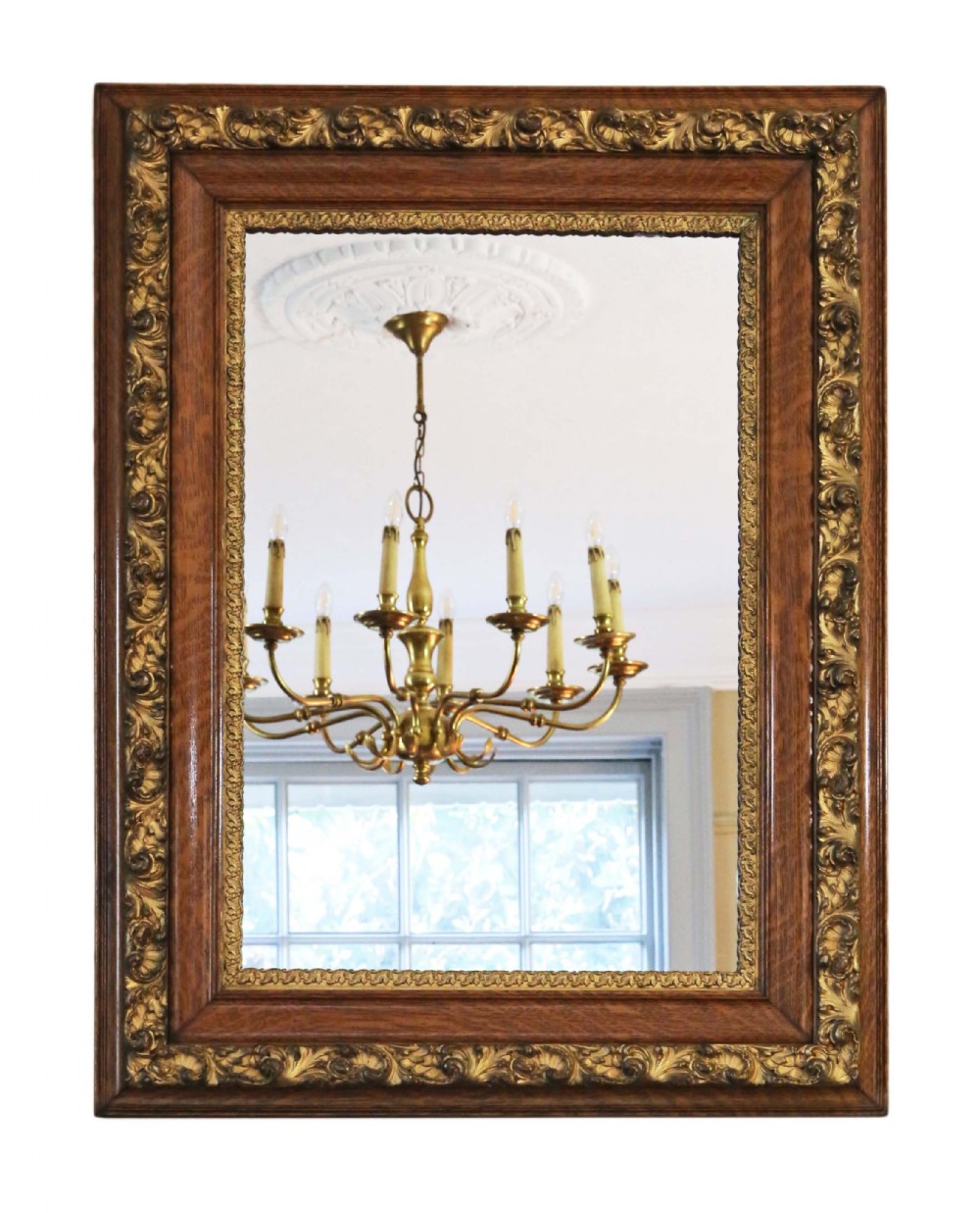 Large oak and gilt overmantle wall mirror 