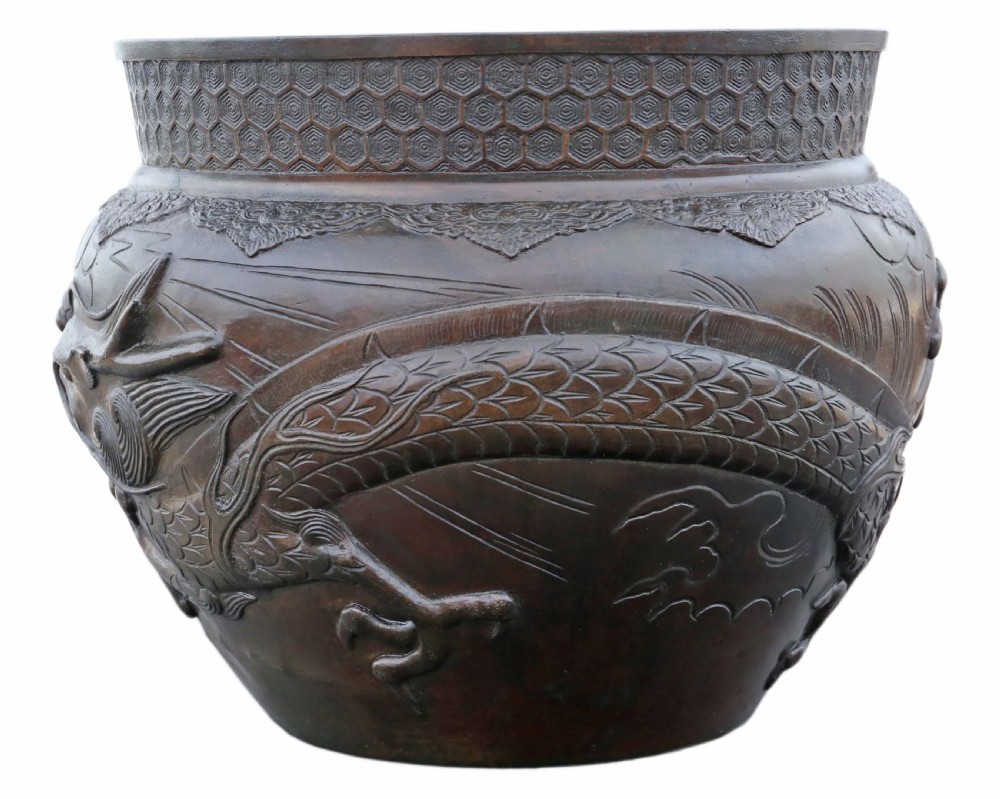 ANTIQUE FINE QUALITY LARGE ORIENTAL JAPANESE BRONZE JARDINIÈRE PLANTER MEIJI PERIOD 19TH CENTURY DRAGON View II