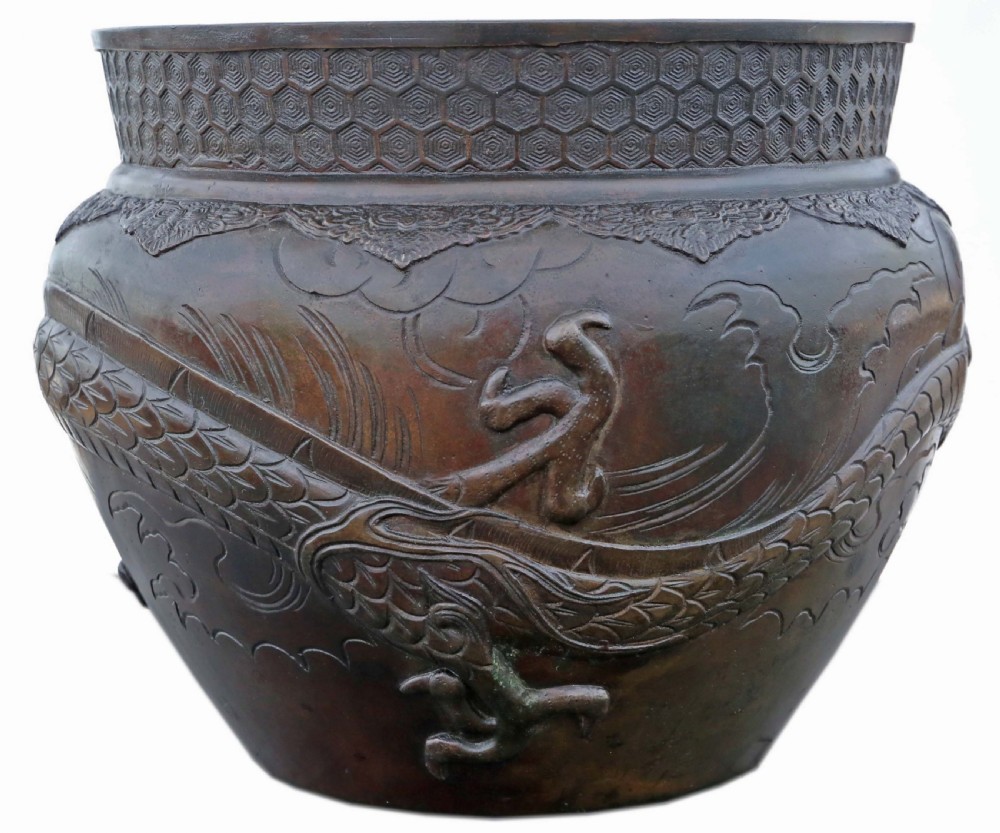 ANTIQUE FINE QUALITY LARGE ORIENTAL JAPANESE BRONZE JARDINIÈRE PLANTER MEIJI PERIOD 19TH CENTURY DRAGON View III