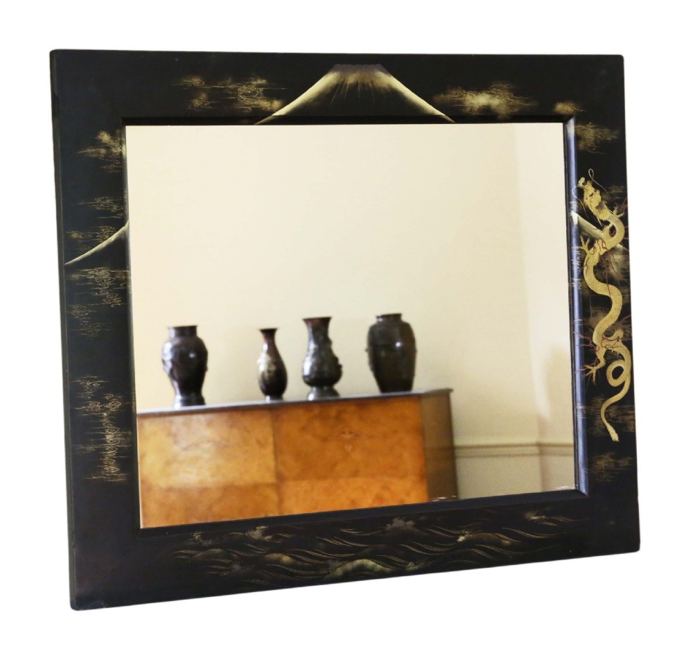 ANTIQUE LARGE QUALITY PAIR OF BLACK LACQUER JAPANESE DECORATED WALL MIRRORS C1910 View III