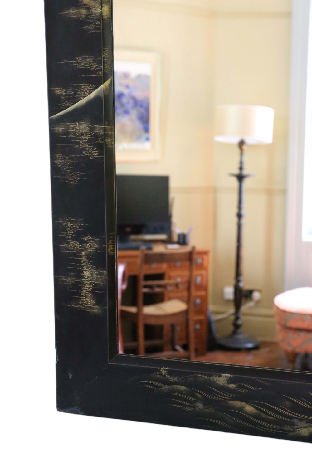 ANTIQUE LARGE QUALITY PAIR OF BLACK LACQUER JAPANESE DECORATED WALL MIRRORS C1910 View IV