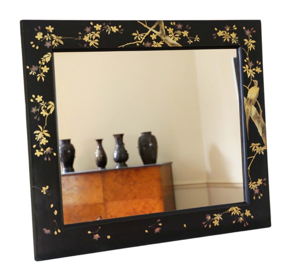 ANTIQUE LARGE QUALITY PAIR OF BLACK LACQUER JAPANESE DECORATED WALL MIRRORS C1910 View VIII
