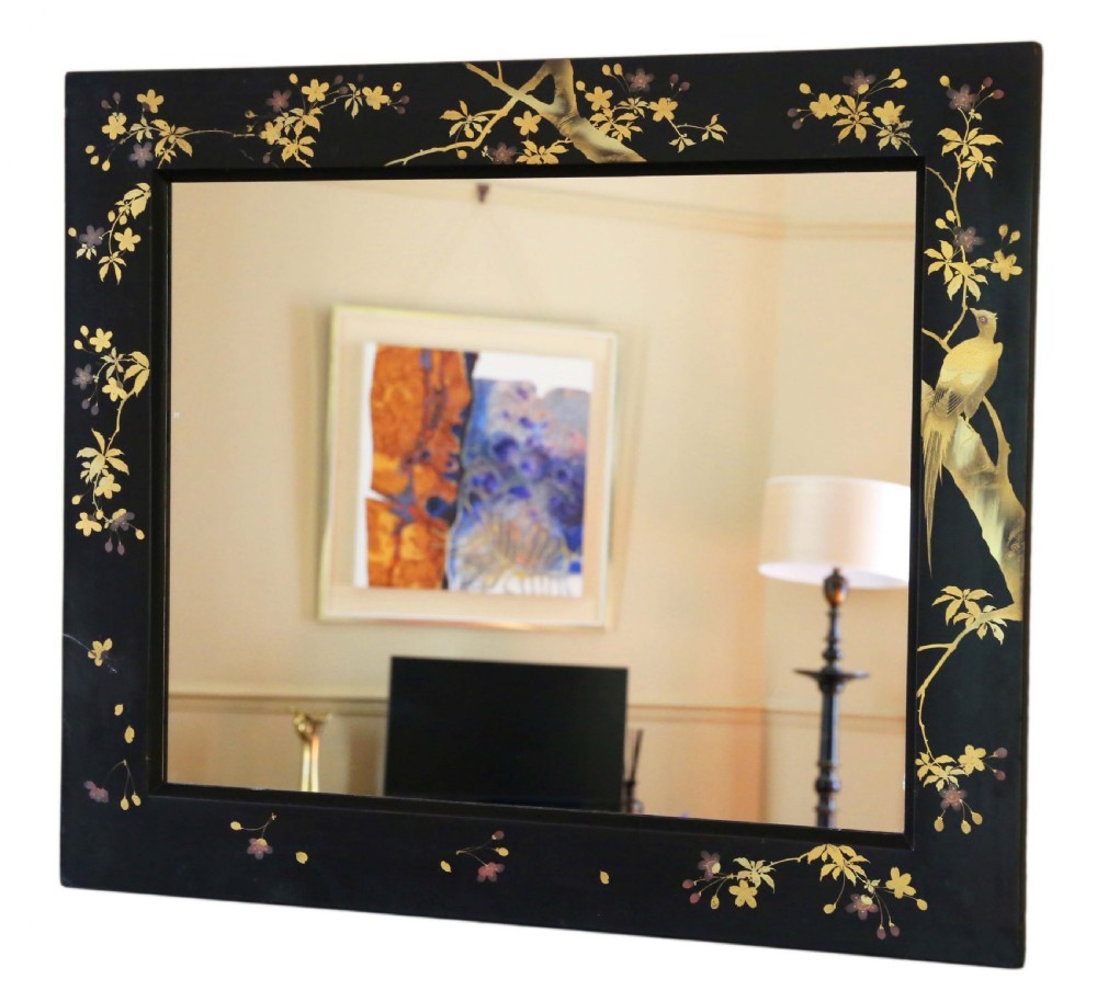 ANTIQUE LARGE QUALITY PAIR OF BLACK LACQUER JAPANESE DECORATED WALL MIRRORS C1910 View IX
