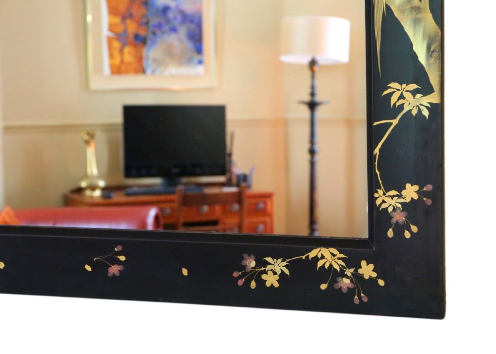 ANTIQUE LARGE QUALITY PAIR OF BLACK LACQUER JAPANESE DECORATED WALL MIRRORS C1910 View XI