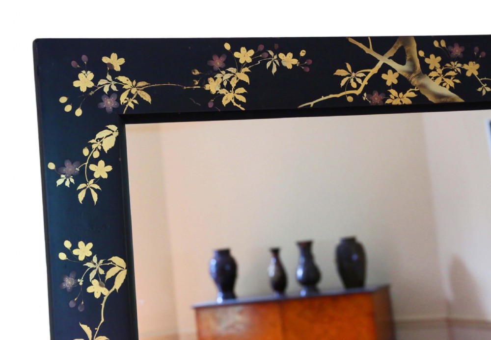 ANTIQUE LARGE QUALITY PAIR OF BLACK LACQUER JAPANESE DECORATED WALL MIRRORS C1910 View XII