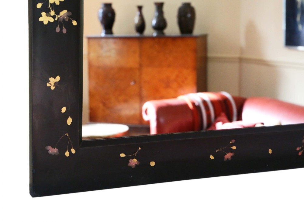 ANTIQUE LARGE QUALITY PAIR OF BLACK LACQUER JAPANESE DECORATED WALL MIRRORS C1910 View XIII