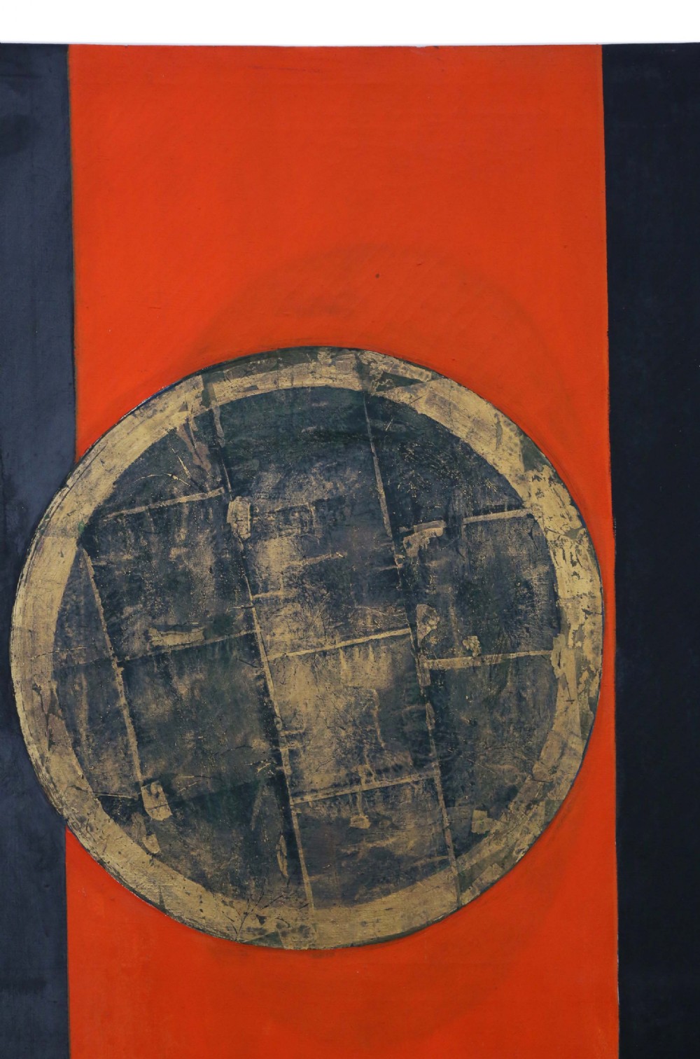 A vertical abstract painting featuring a prominent bright orange central column flanked by dark panels, anchored by a circular textured motif near the top. View III