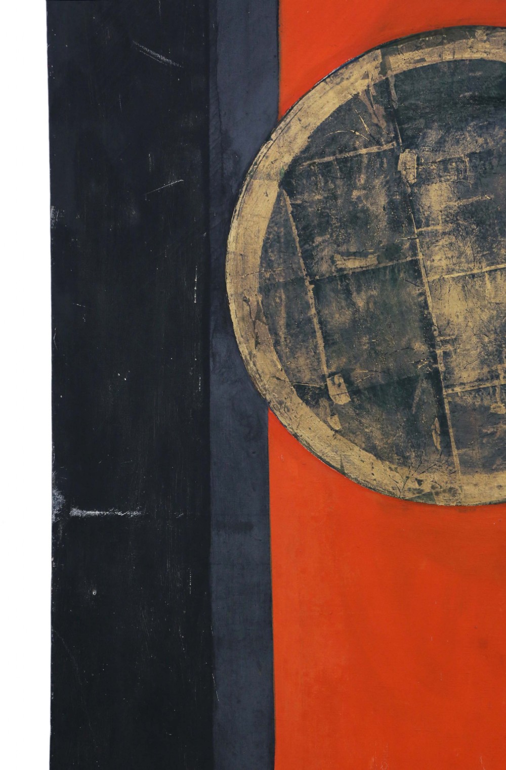 A vertical abstract painting featuring a prominent bright orange central column flanked by dark panels, anchored by a circular textured motif near the top. View IV