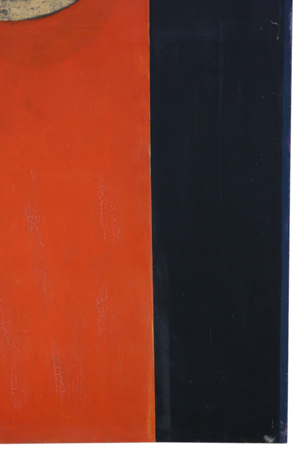 A vertical abstract painting featuring a prominent bright orange central column flanked by dark panels, anchored by a circular textured motif near the top. View V