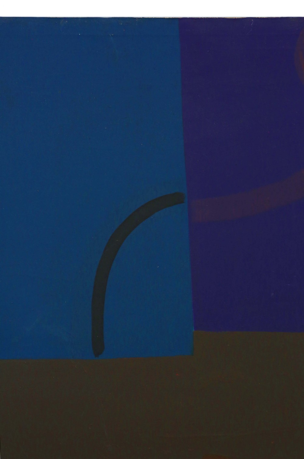 A large vertical abstract oil painting featuring colour-blocked geometric shapes in dark blue, purple, dark green, and charcoal tones with curved black line details. View II