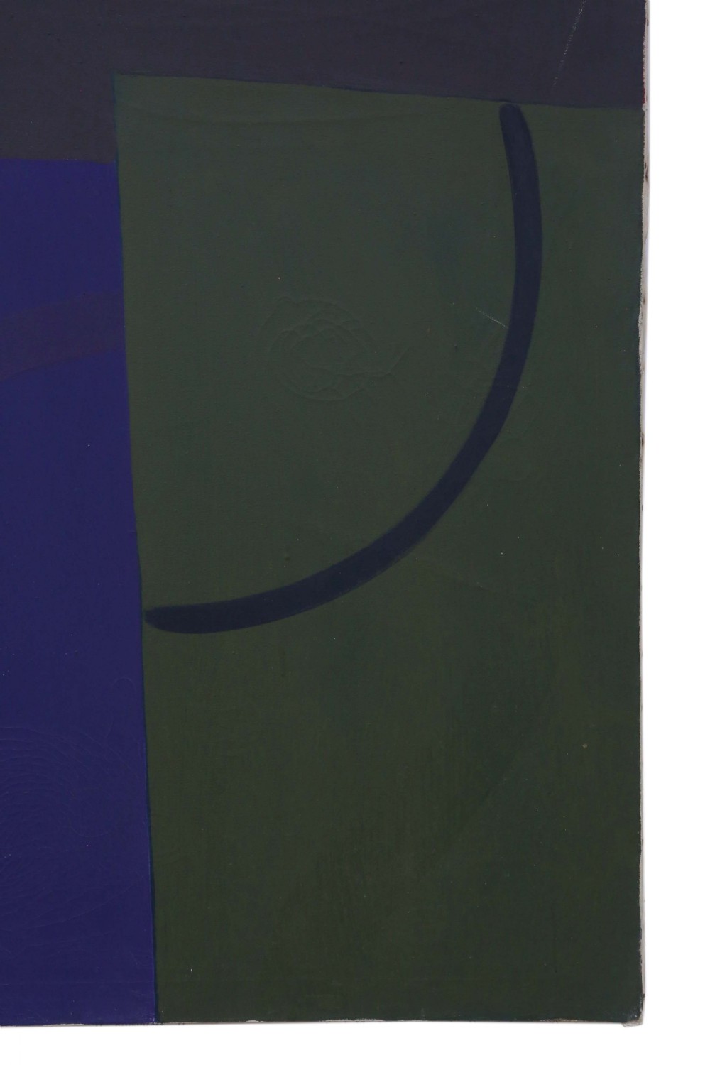 A large vertical abstract oil painting featuring colour-blocked geometric shapes in dark blue, purple, dark green, and charcoal tones with curved black line details. View III