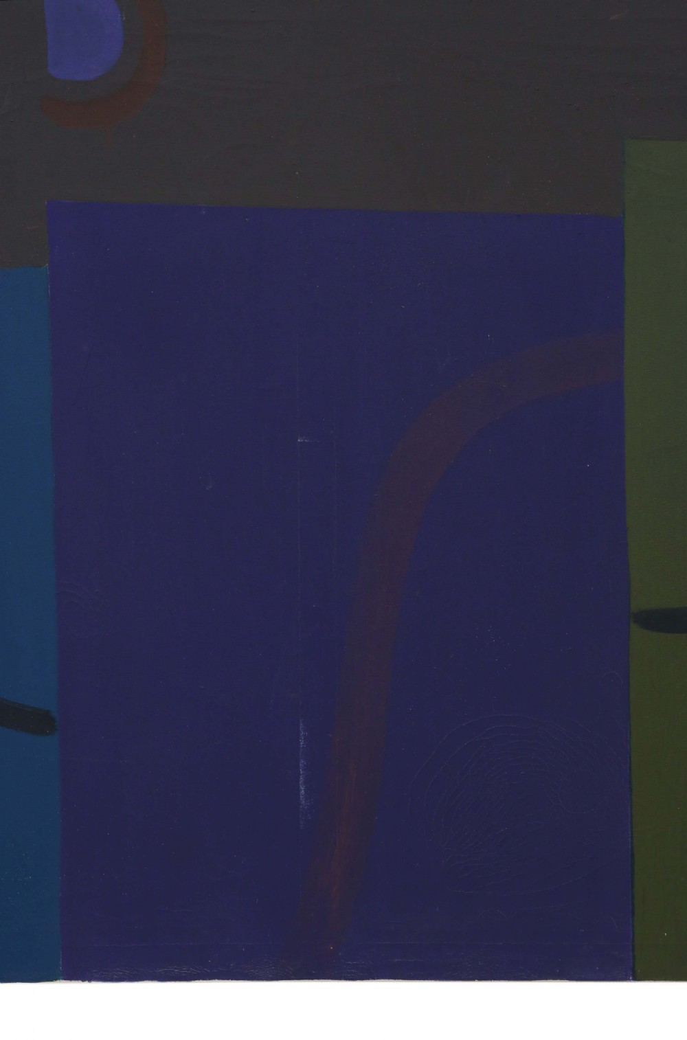 A large vertical abstract oil painting featuring colour-blocked geometric shapes in dark blue, purple, dark green, and charcoal tones with curved black line details. View IV