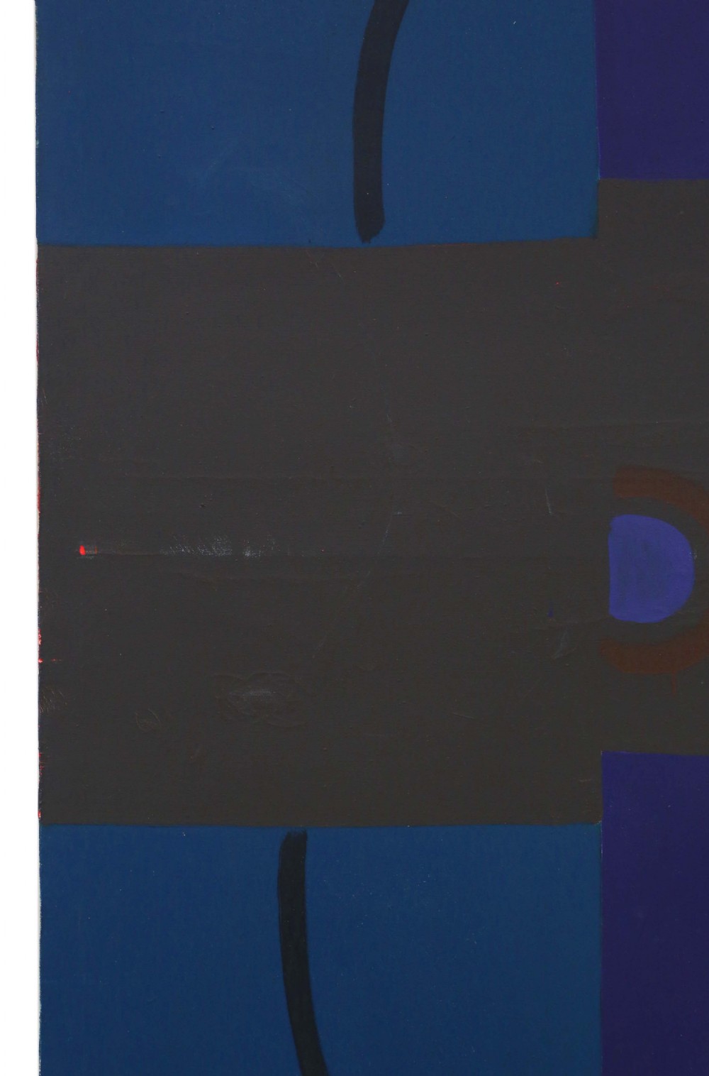 A large vertical abstract oil painting featuring colour-blocked geometric shapes in dark blue, purple, dark green, and charcoal tones with curved black line details. View VI