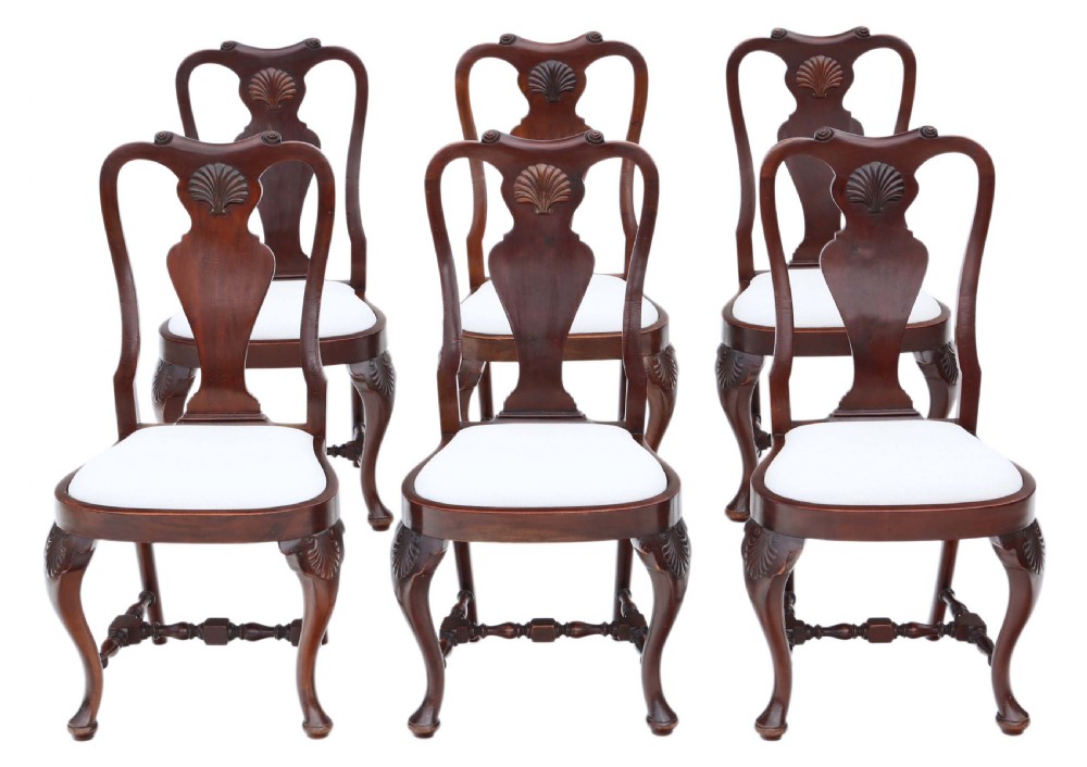 ANTIQUE FINE QUALITY SET OF 6 QUEEN ANNE REVIVAL MAHOGANY DINING CHAIRS C1900