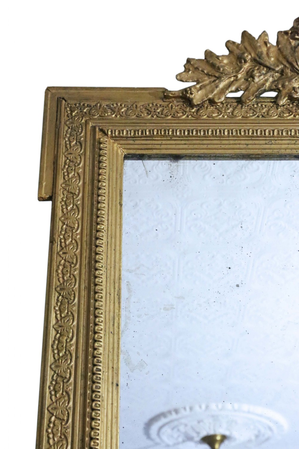 A tall 19th-century rectangular giltwood overmantel mirror featuring an ornate acanthus leaf crest and decorative moulded frame. View IV