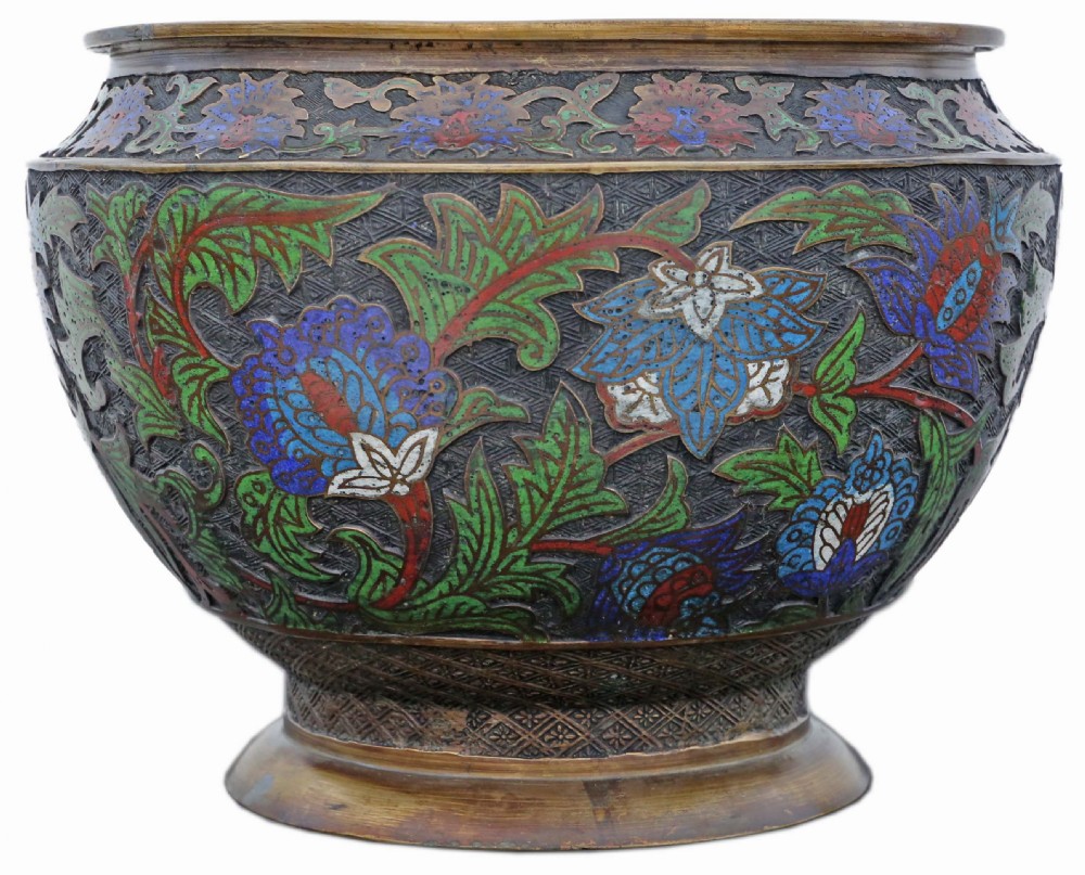 ANTIQUE LARGE QUALITY ORIENTAL JAPANESE BRONZE CHAMPLEVE ENAMEL PLANTER C1910 MEIJI PERIOD