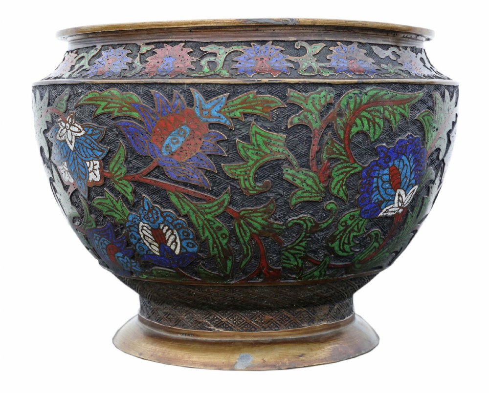 ANTIQUE LARGE QUALITY ORIENTAL JAPANESE BRONZE CHAMPLEVE ENAMEL PLANTER C1910 MEIJI PERIOD View II
