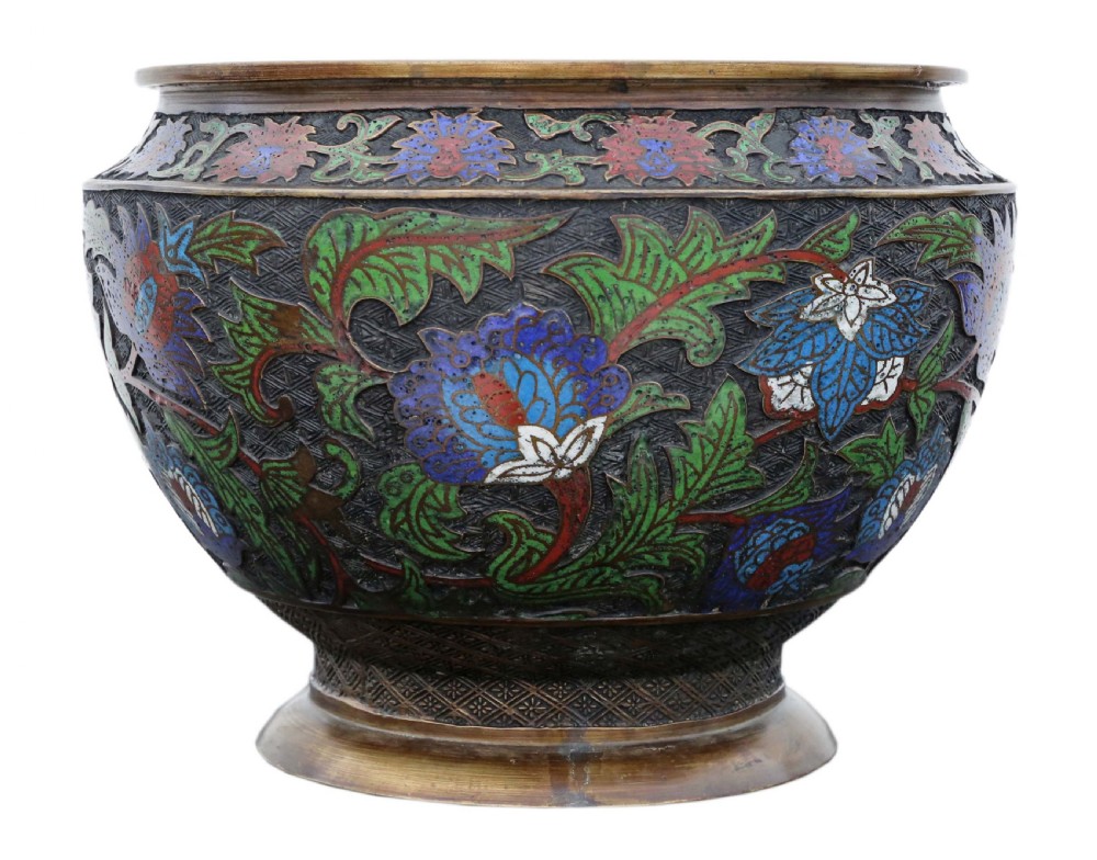ANTIQUE LARGE QUALITY ORIENTAL JAPANESE BRONZE CHAMPLEVE ENAMEL PLANTER C1910 MEIJI PERIOD View III