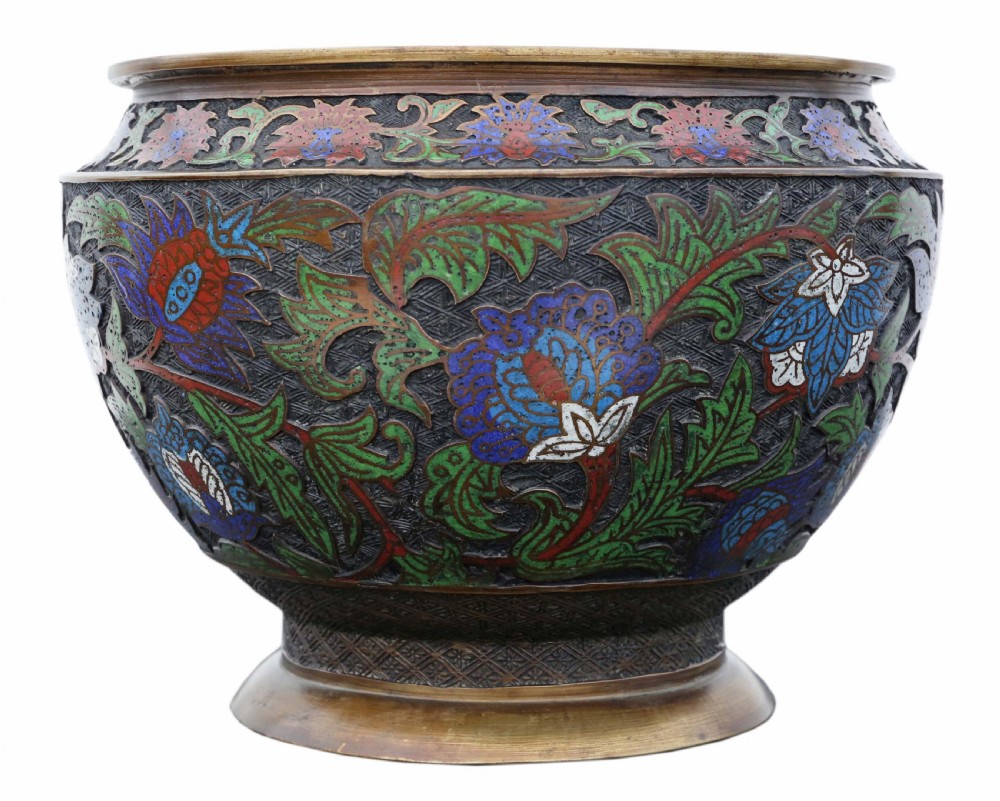 ANTIQUE LARGE QUALITY ORIENTAL JAPANESE BRONZE CHAMPLEVE ENAMEL PLANTER C1910 MEIJI PERIOD View IV