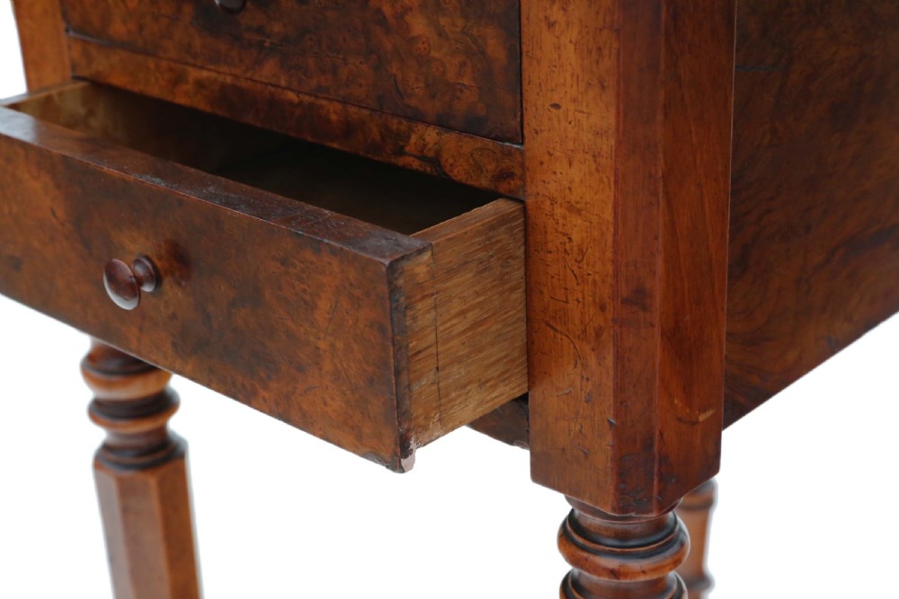 A Victorian burr walnut drop-leaf work table featuring two drawers, turned legs, and brass castors against a plain background. View VI