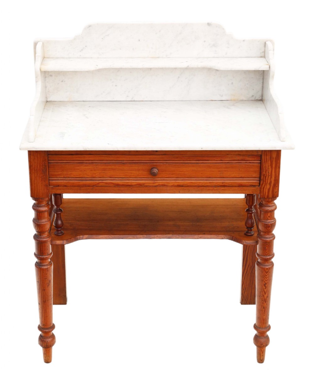 ANTIQUE FINE QUALITY PITCH PINE AND MARBLE WASH STAND C1900 COMPACT PROPORTIONS