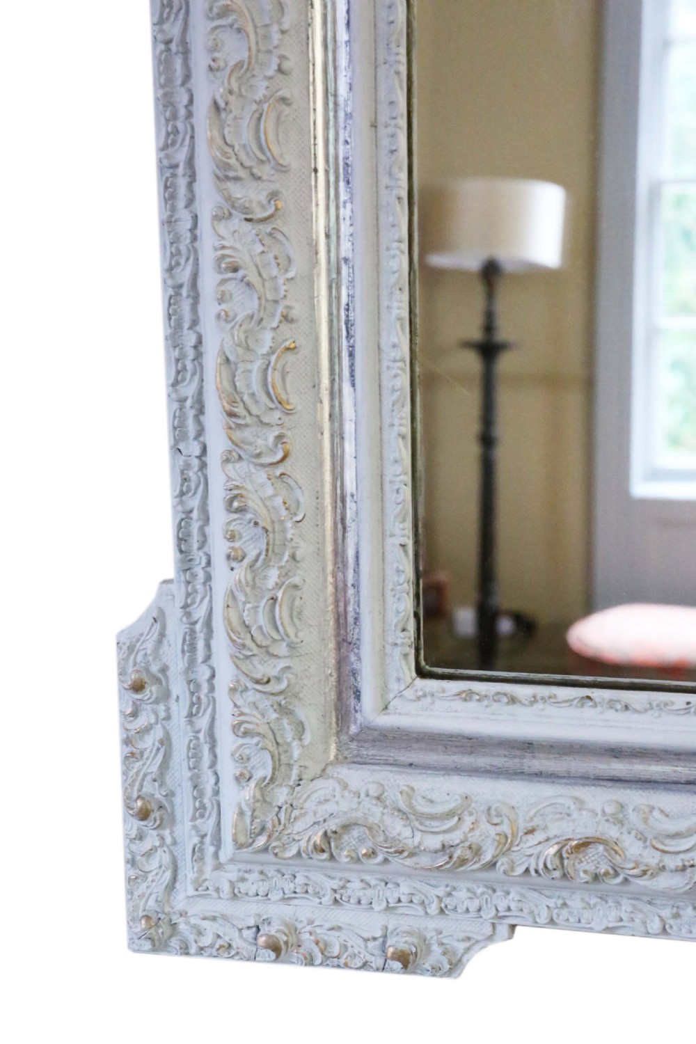 A large rectangular light grey painted frame featuring a gilded inner border and an ornate carved rococo crest at the top. View V
