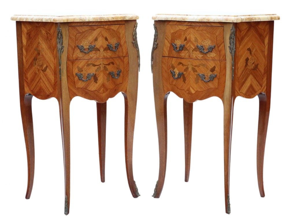 ANTIQUE FINE QUALITY PAIR OF FRENCH MARQUETRY BEDSIDE TABLES  View II