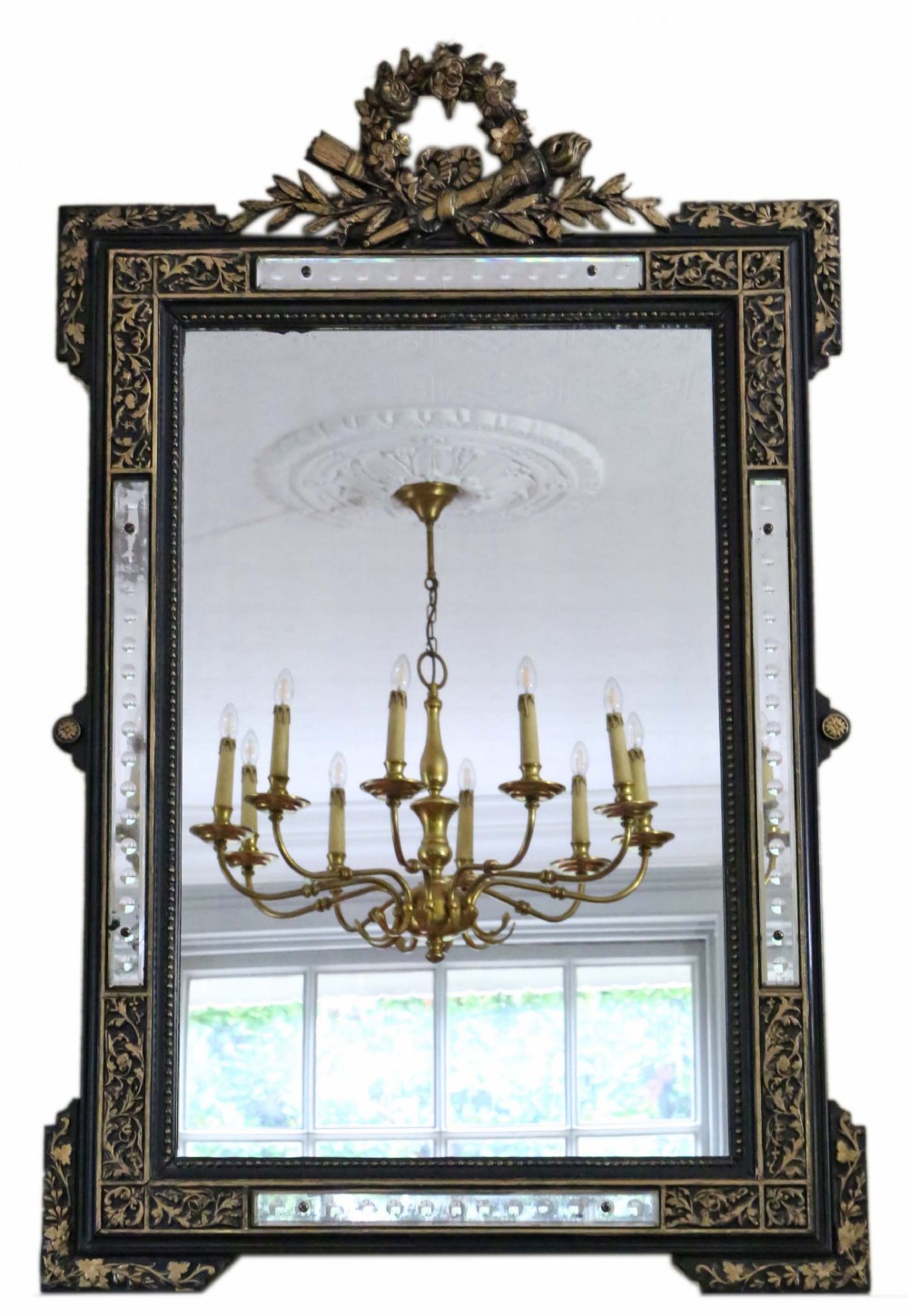 Antique large 19th Century quality French ebonised and gilt overmantle wall mirror