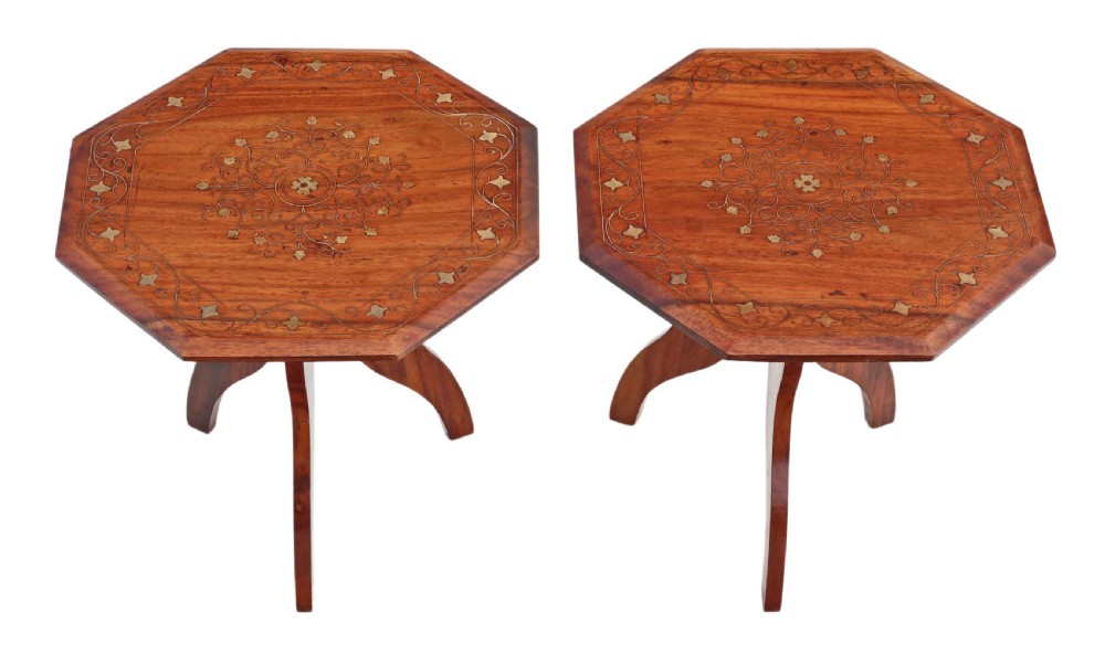 Pair of small folding brass inlaid hardwood (padauk) tables