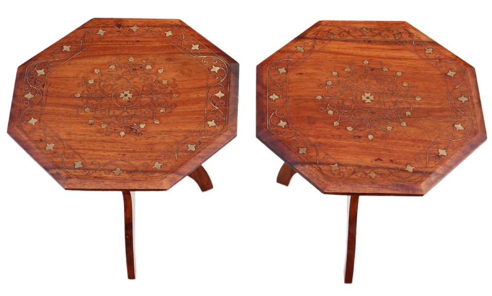 Pair of small folding brass inlaid hardwood (padauk) tables View II