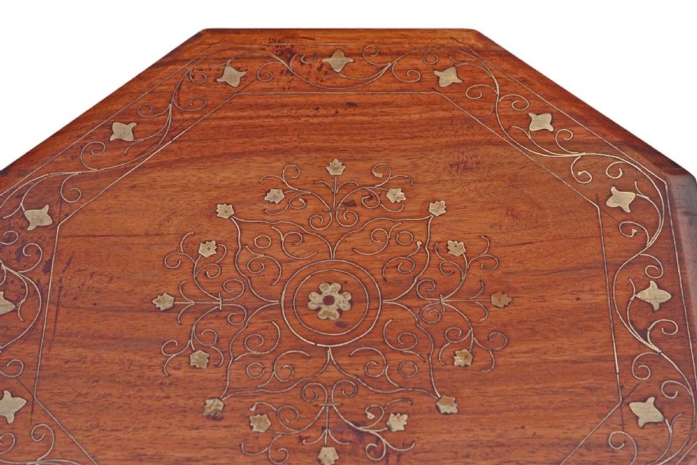 Pair of small folding brass inlaid hardwood (padauk) tables View IV