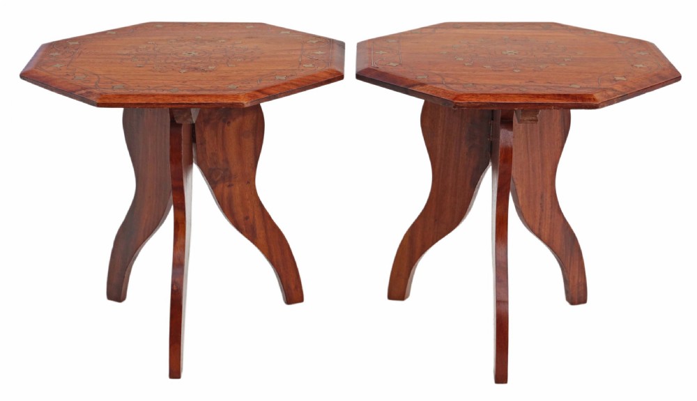 Pair of small folding brass inlaid hardwood (padauk) tables View V