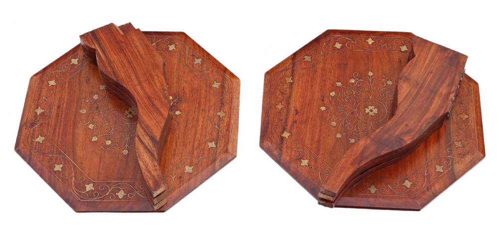 Pair of small folding brass inlaid hardwood (padauk) tables View VII