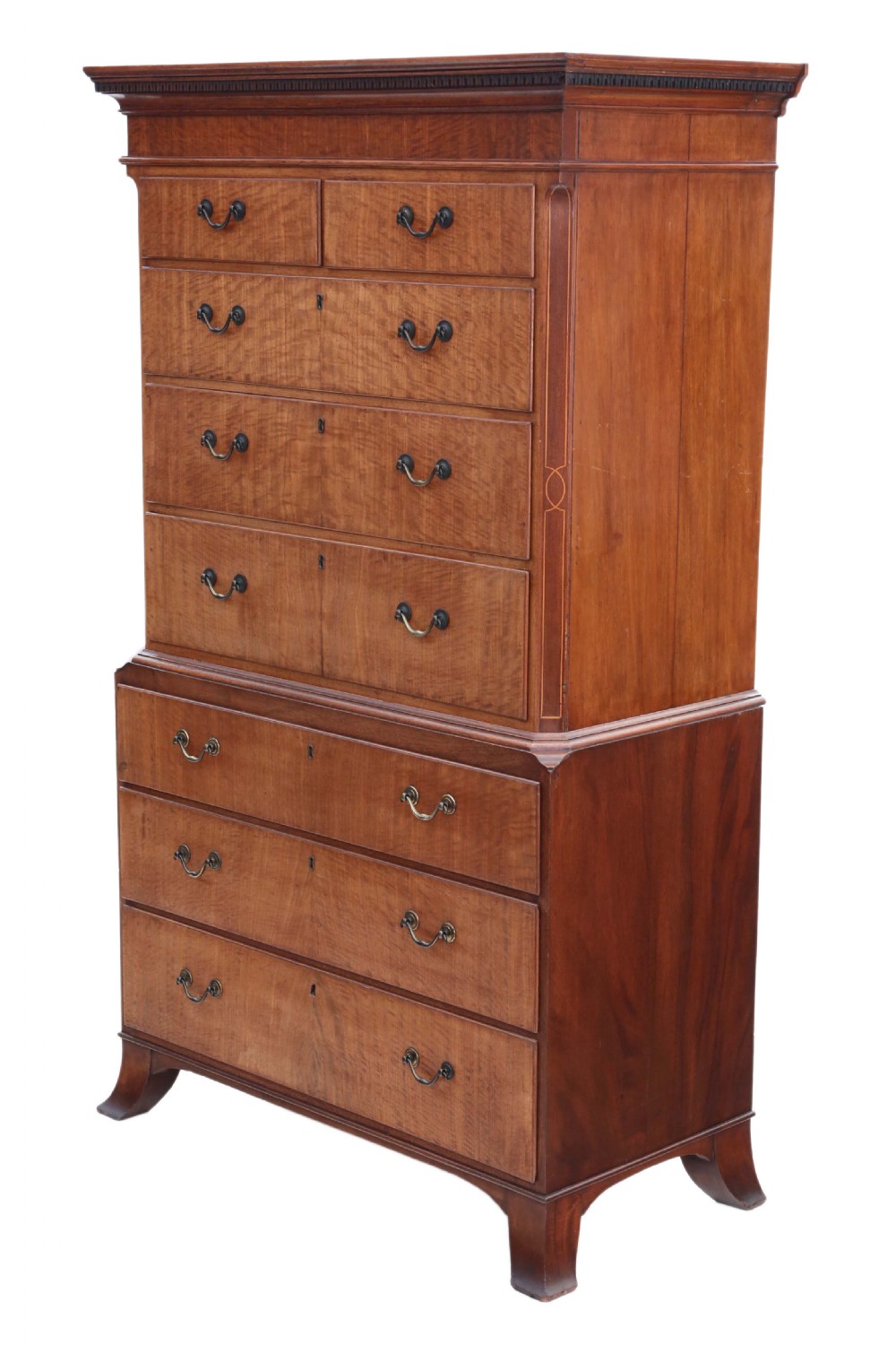 A nineteenth-century mahogany tallboy chest on chest featuring figured wood drawer fronts, brass drop handles, a dentil cornice, and splayed bracket feet. View IX