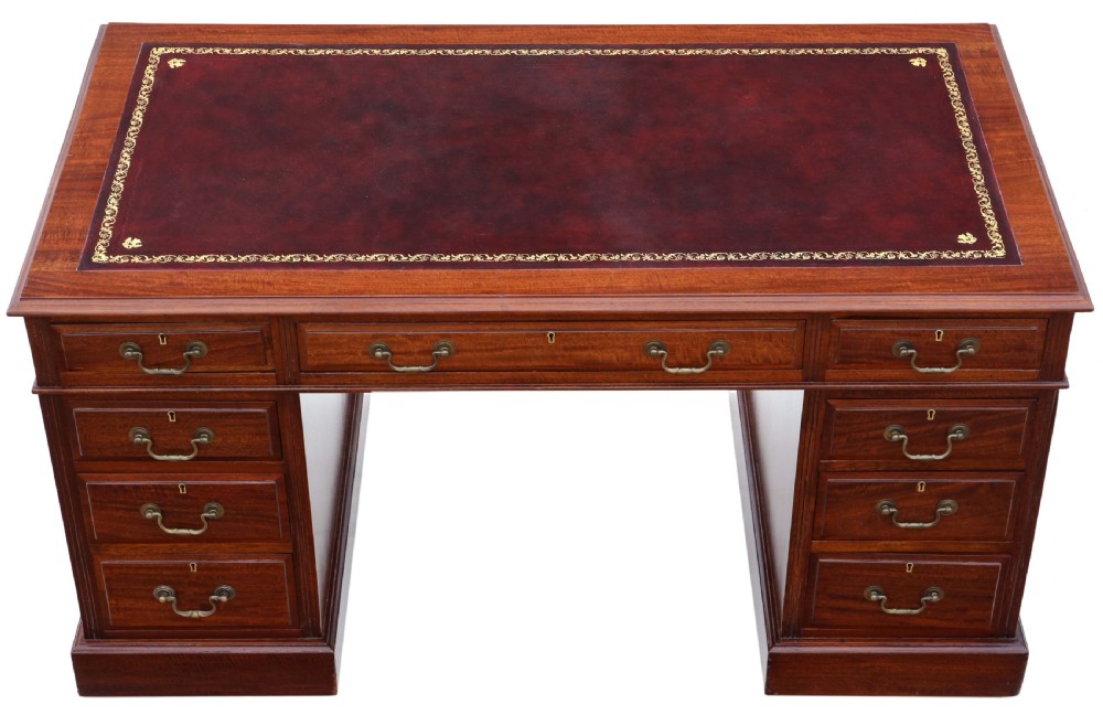 Antique quality large Edwardian mahogany twin pedestal desk C1905 View II