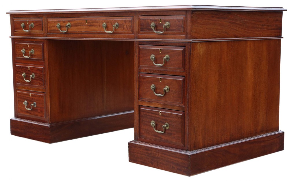 Antique quality large Edwardian mahogany twin pedestal desk C1905 View III