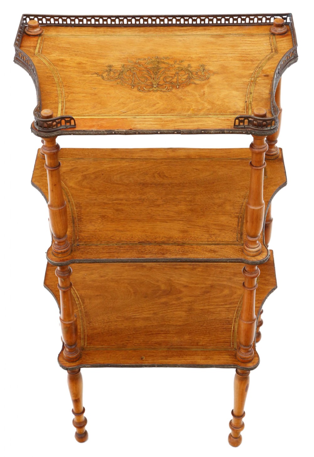 Antique quality C1910 inlaid walnut etagere table