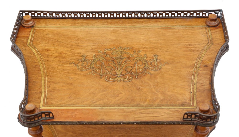 Antique quality C1910 inlaid walnut etagere table View IV