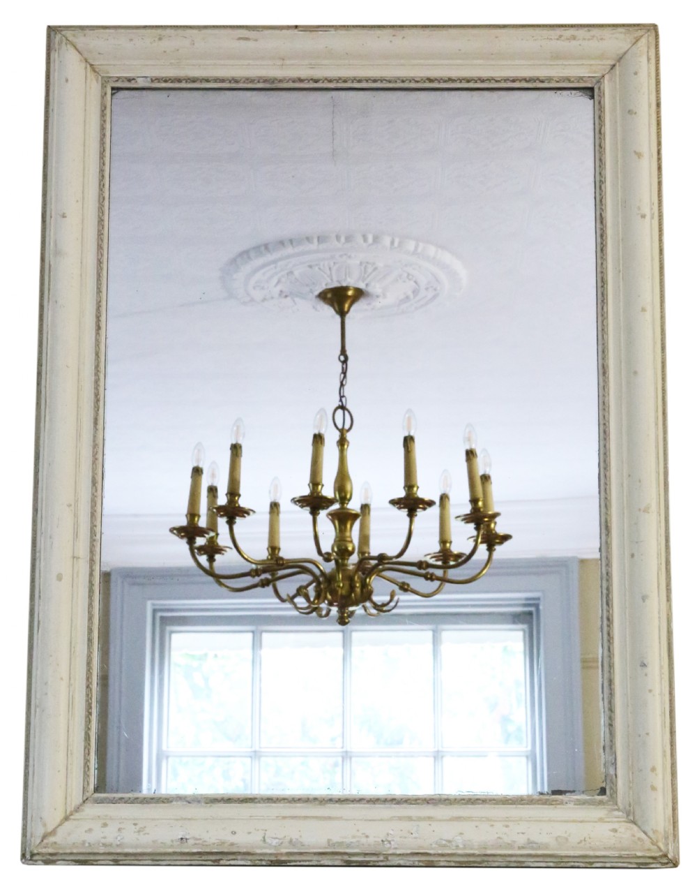 A large rectangular 19th-century overmantel mirror with a distressed off-white painted wooden frame featuring moulded trim. View VI