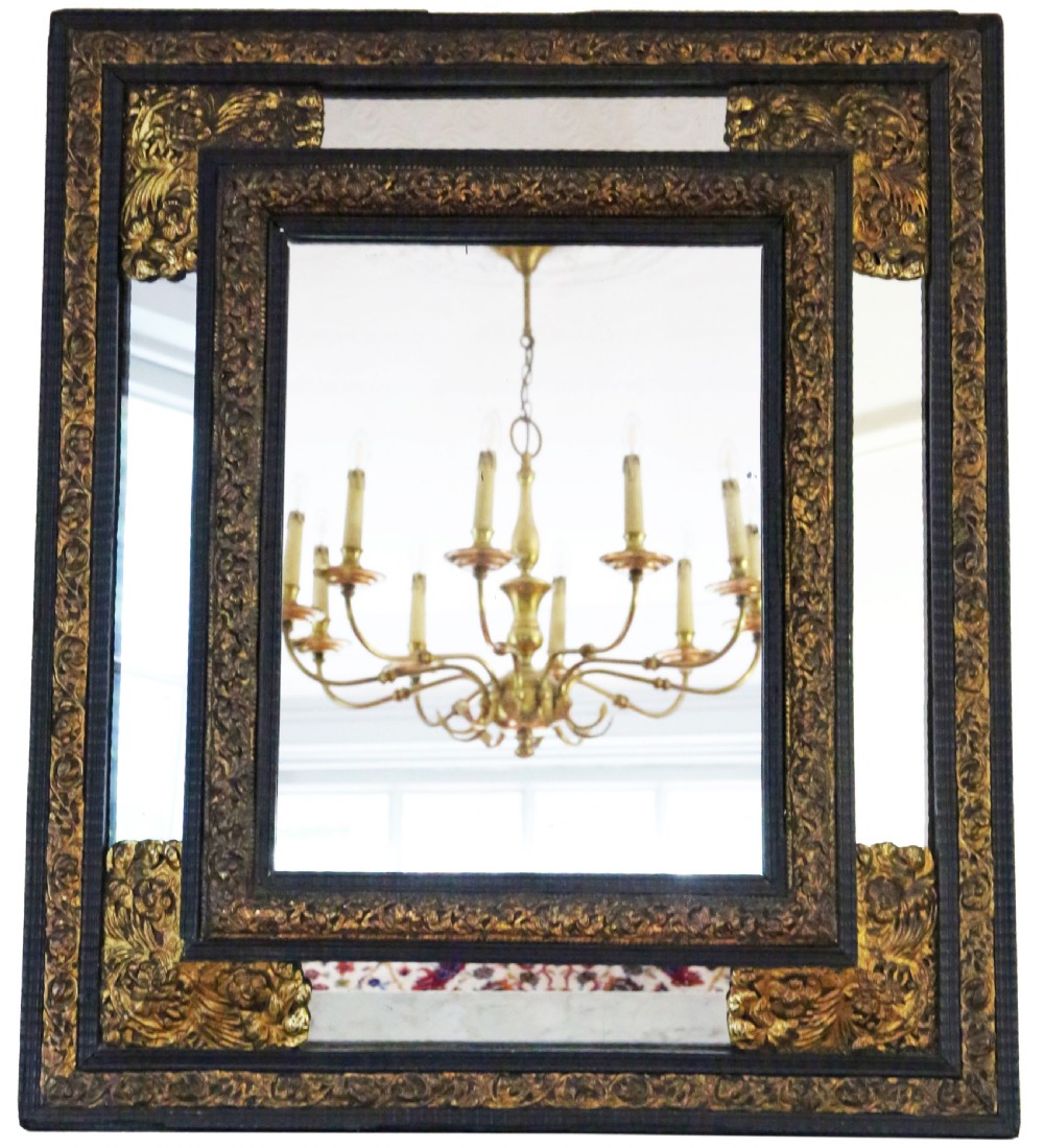 Antique large quality Dutch ebonised and gilt overmantle cushion mirror 19th Century