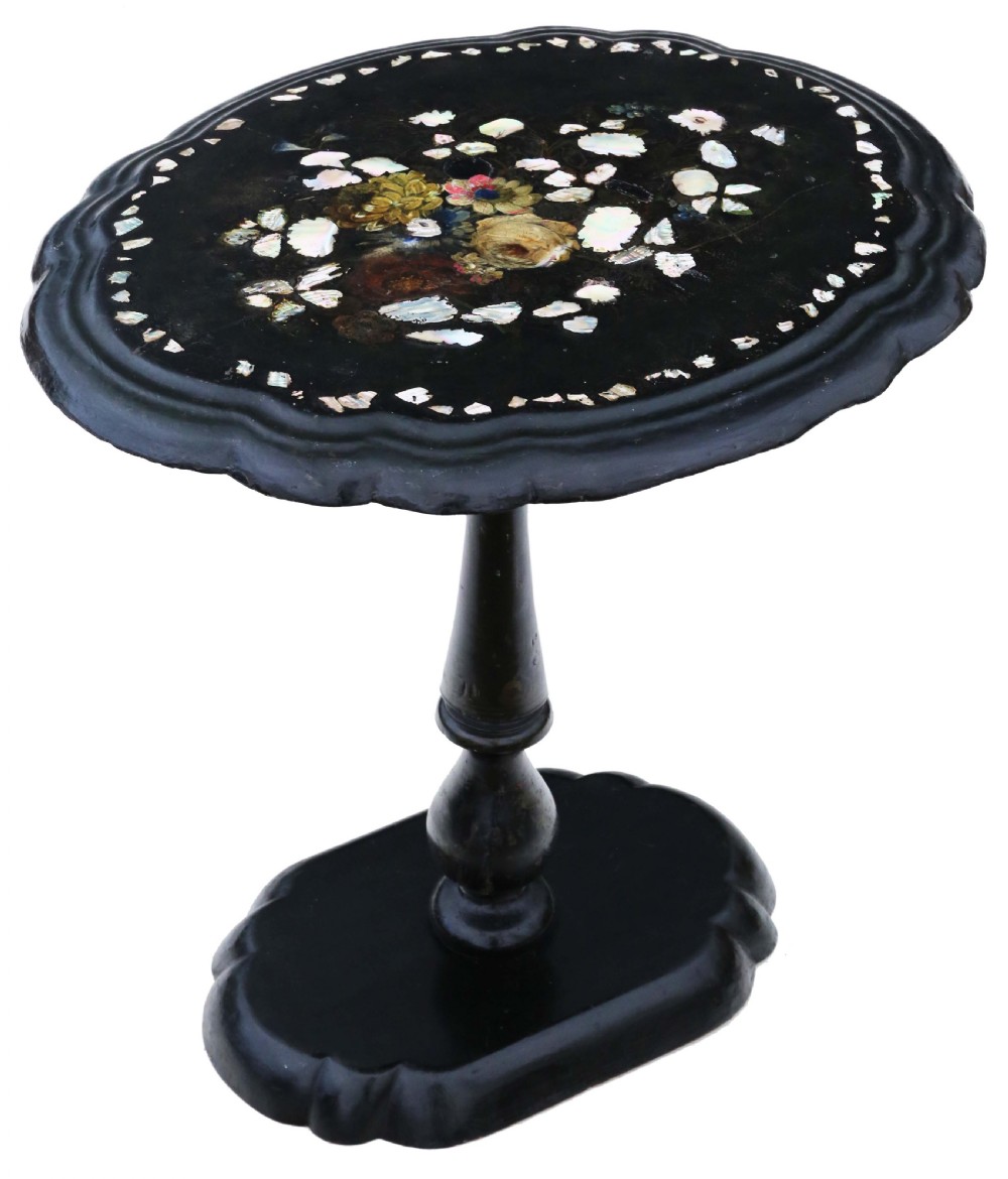 Antique Victorian C1880 hand decorated inlaid papier mache supper table with a tilt top
