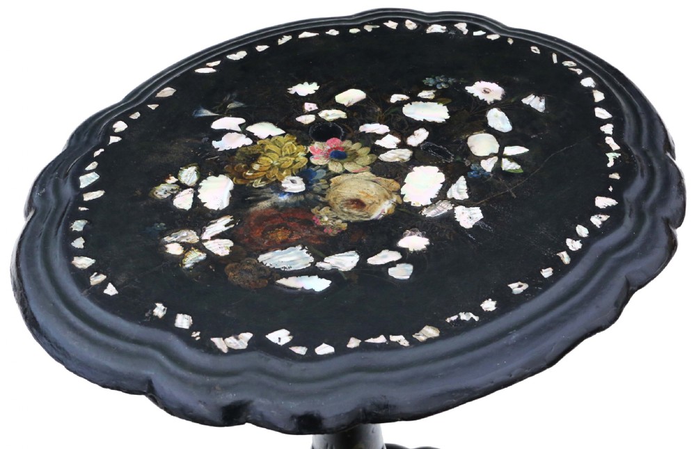 Antique Victorian C1880 hand decorated inlaid papier mache supper table with a tilt top View II