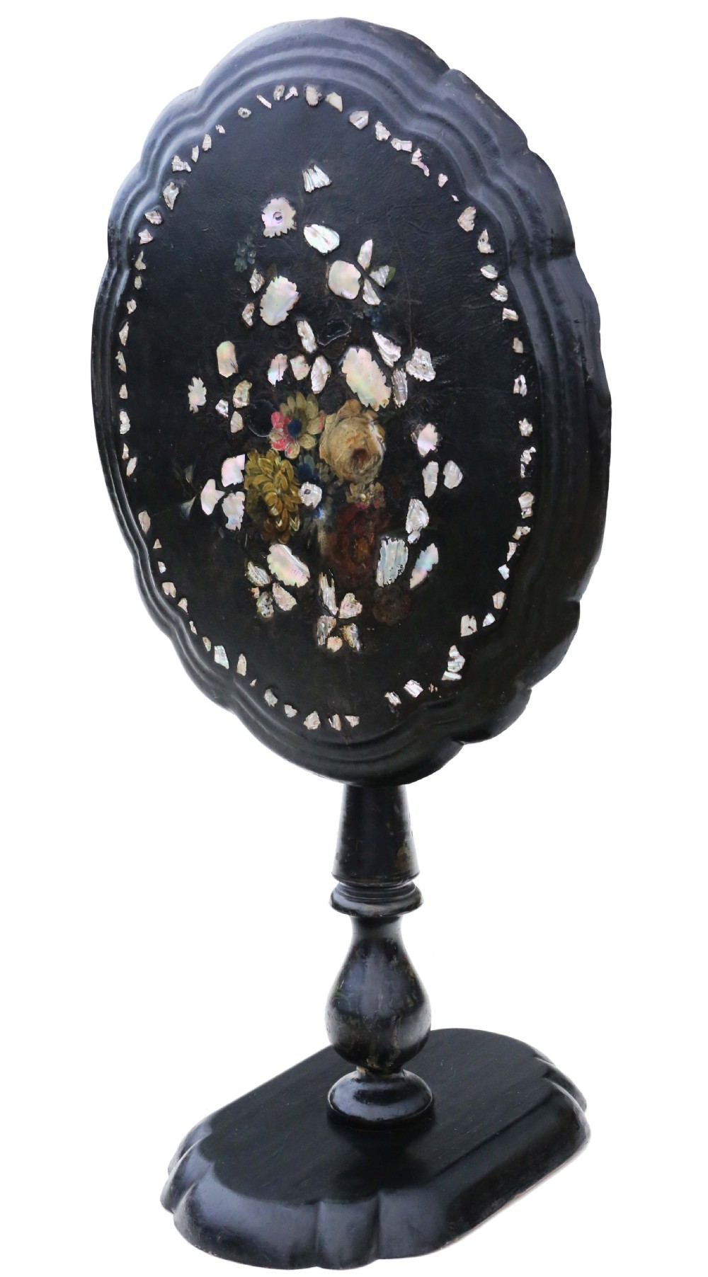 Antique Victorian C1880 hand decorated inlaid papier mache supper table with a tilt top View V