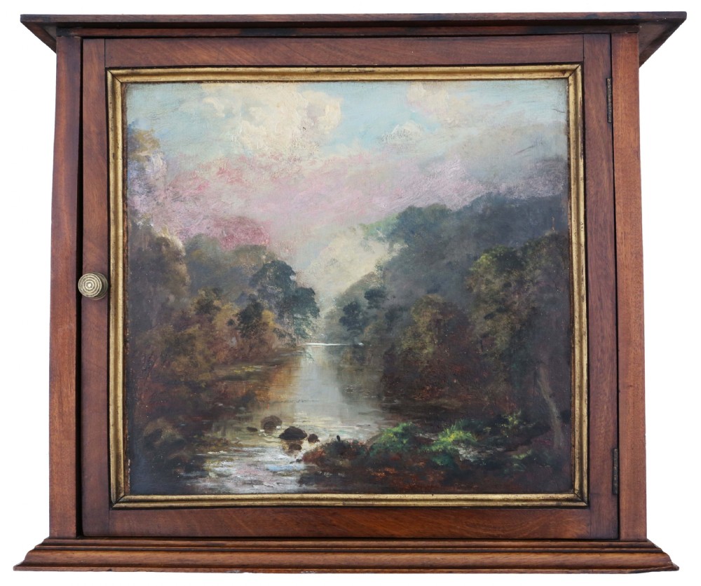 Antique 19th Century mahogany wall cupboard with original oil painting on the door