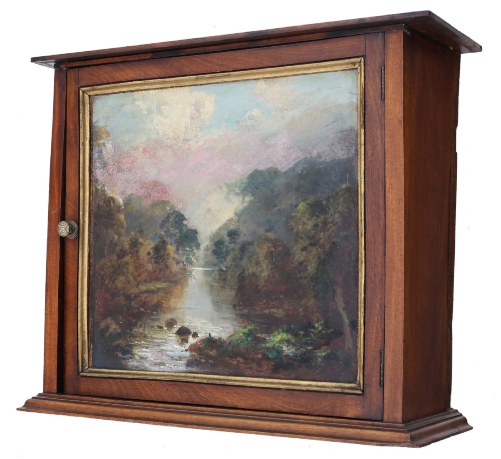 Antique 19th Century mahogany wall cupboard with original oil painting on the door View II