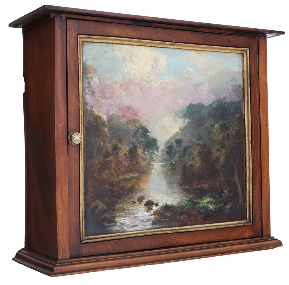 Antique 19th Century mahogany wall cupboard with original oil painting on the door View III