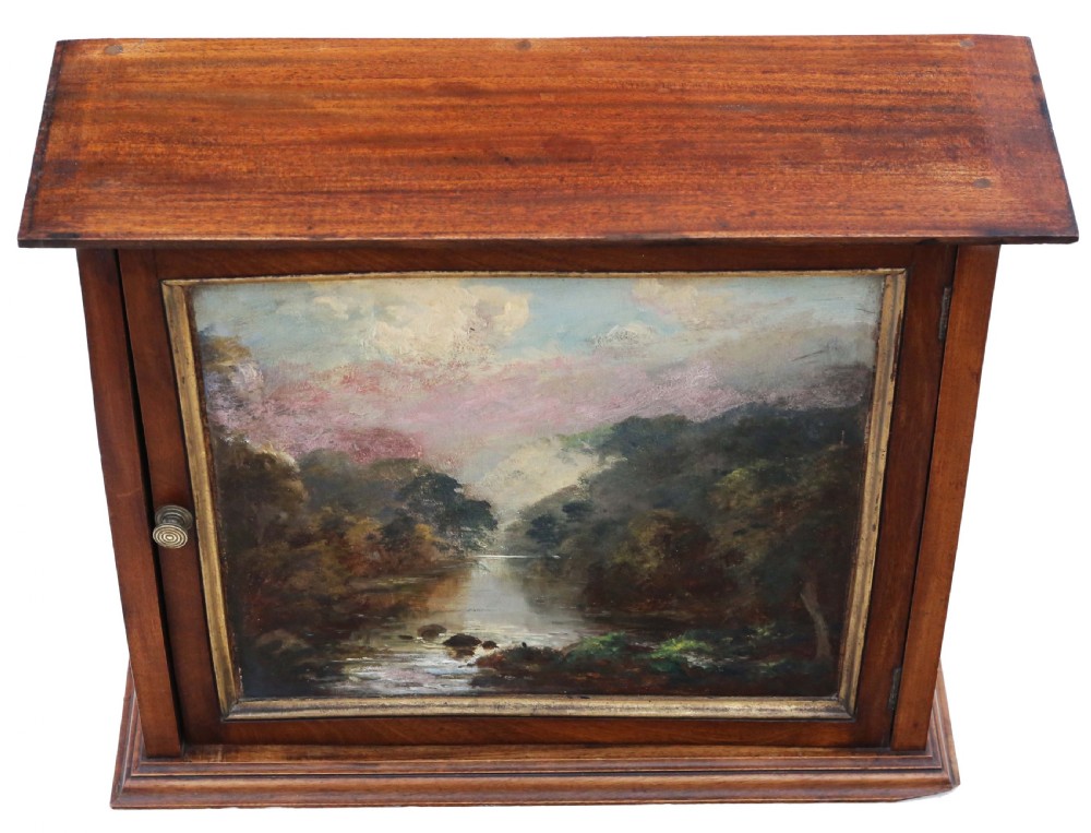 Antique 19th Century mahogany wall cupboard with original oil painting on the door View IV
