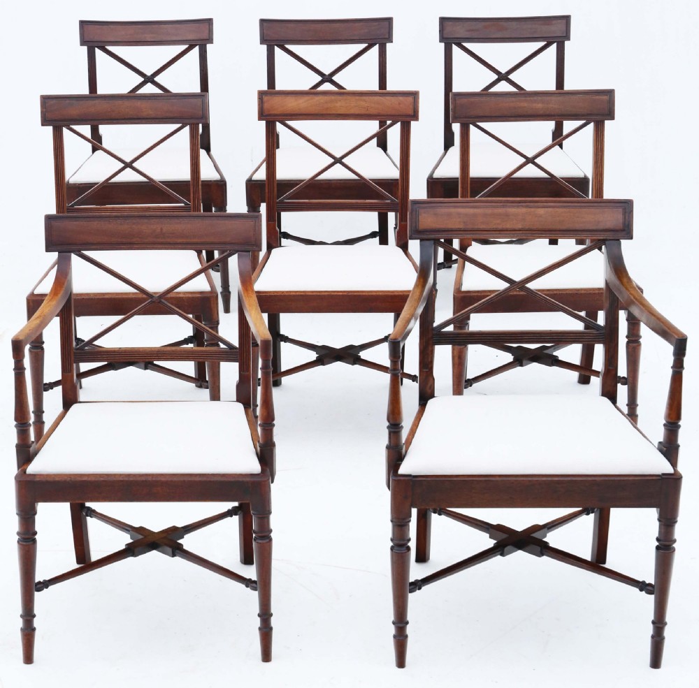 Antique fine quality matched set of 8 (6 plus 2) early 19th Century Regency mahogany x-frame dining chairs