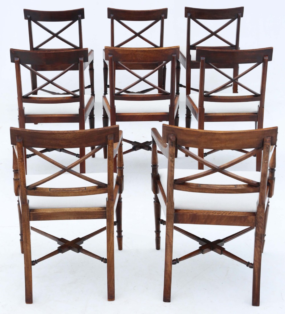 Antique fine quality matched set of 8 (6 plus 2) early 19th Century Regency mahogany x-frame dining chairs View II